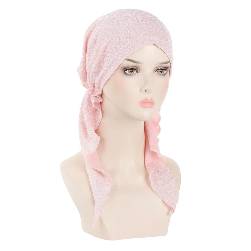 New Shimmer Pre-Tied Hat Women Muslim Hijab Turban Long Tail Headscarf Beanies Bonnet Hair Loss Chemo Cap Head Wrap Bandanas
