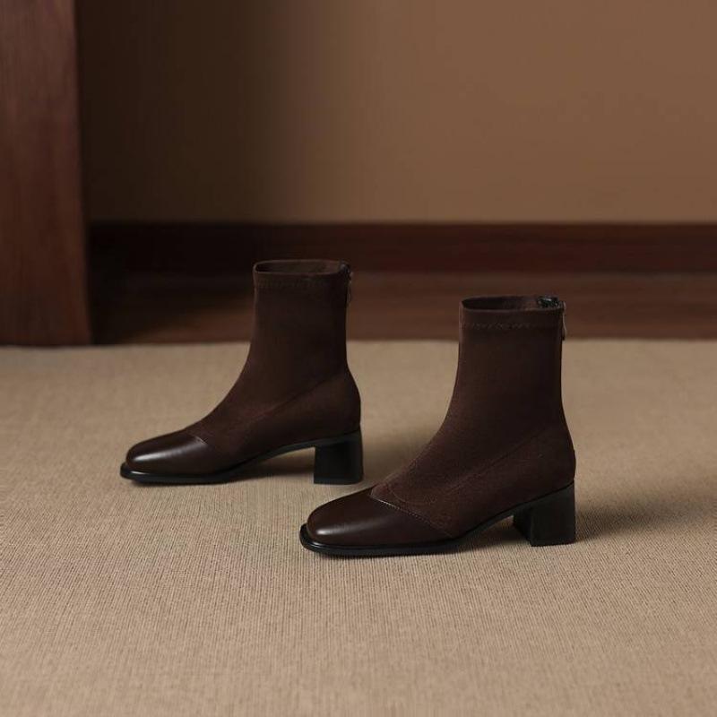 Осень и зима удобные квадратный носок полусапоги женские новые большой размер эластичная замша женские сапоги корейская версия новые средний каблук Ма