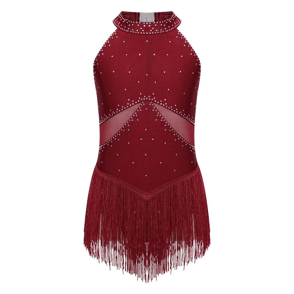 Детское трико для латинских танцев для девочек, костюм для фигурного катания, танго, ча-ча, без рукавов, сетчатое боди с кисточками и стразами