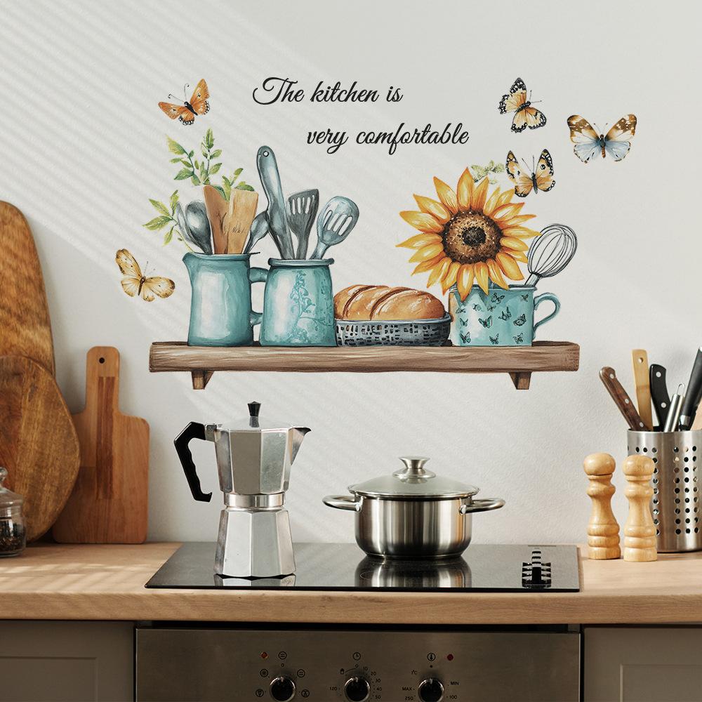 Креативные кухонные принадлежности с подсолнухами и бабочками Наклейка на стену Самоклеящаяся Съемная для кухни Столовой Фон Декор дома