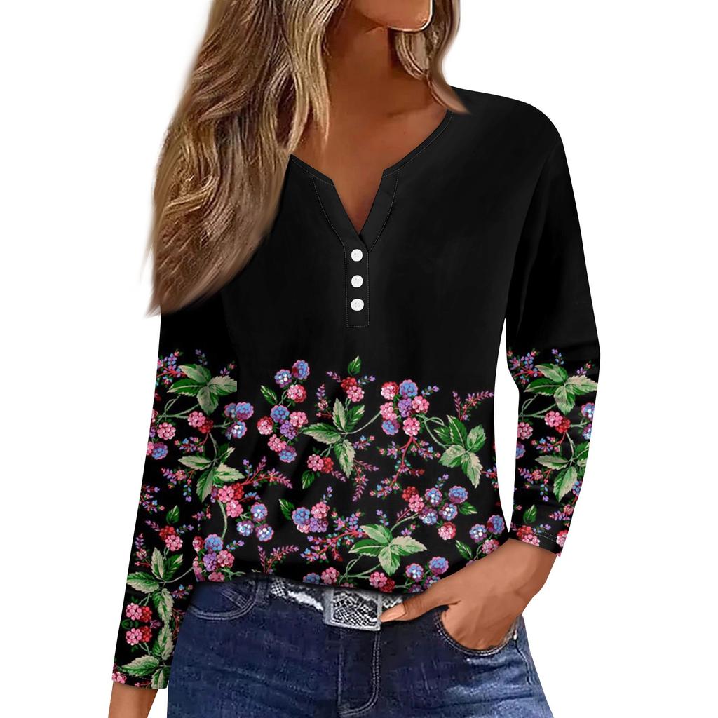 Женская модная повседневная футболка с v-образным вырезом и длинным рукавом с цветочным принтом, украшенная топами