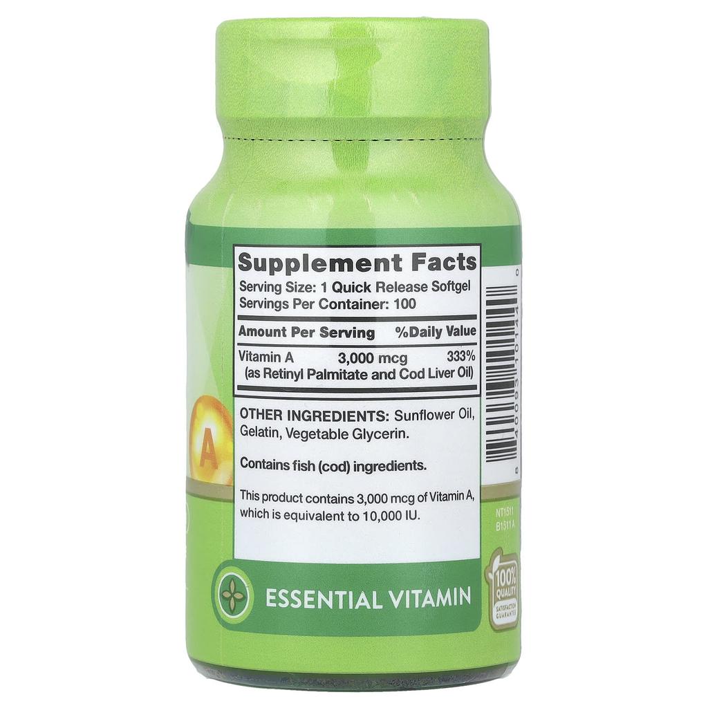 Nature'S Truth, Vitamin A, High Potency, 3,000Mcg (10,000Iu), 100 Rapid Release Softgels