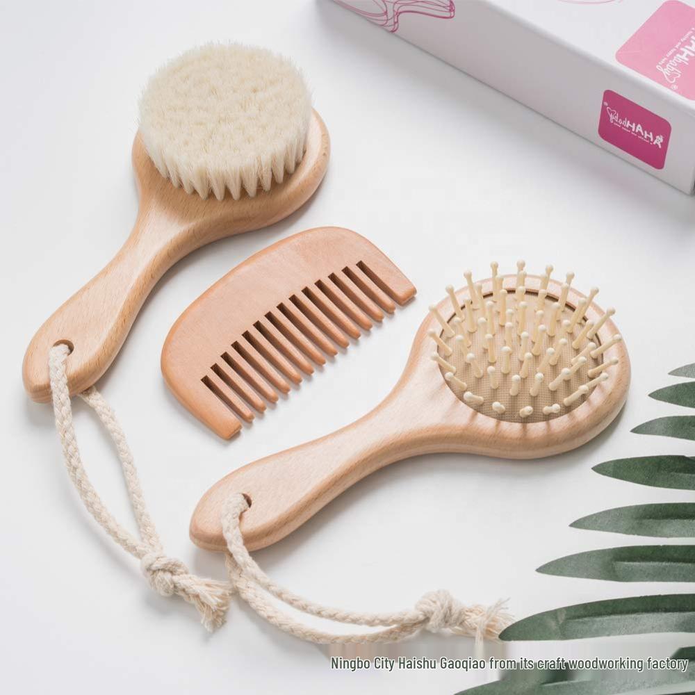 Beechwood Infant Hair & Bath Brush Set: Detangling, Massage, Air Cushion Brush & Flat Comb.