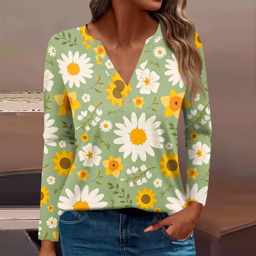 Женская футболка Футболка с принтом и длинным рукавом Повседневные выходные Мода Базовый топ с V-образным вырезом Обычный топ