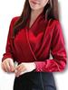 [LUXIA FILL] Женская блузка с драпировкой и V-образным вырезом, Красная, 2XL (Большой размер), Длинные рукава, Воротник с оборками, Милый, Удобный, Свободный крой, Атласная блузка, Одежда для дома