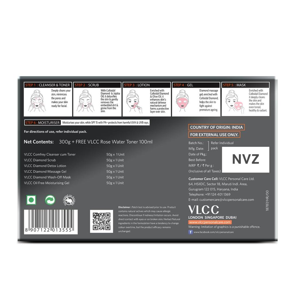 VLCC Набор для лица с бриллиантами 300 г + Тоник с розовой водой 100 мл Очищающая маска для лица для домашнего использования