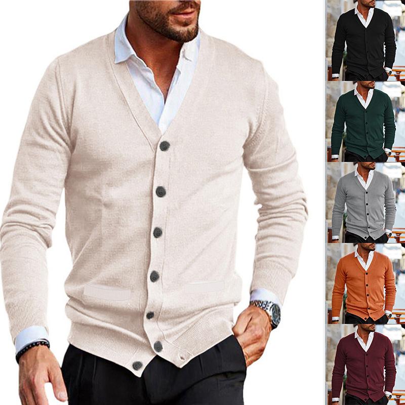 Men Solid V Neck Cardigan Knitted Jumper Long Sleeve Button Up Warm Sweater Tops