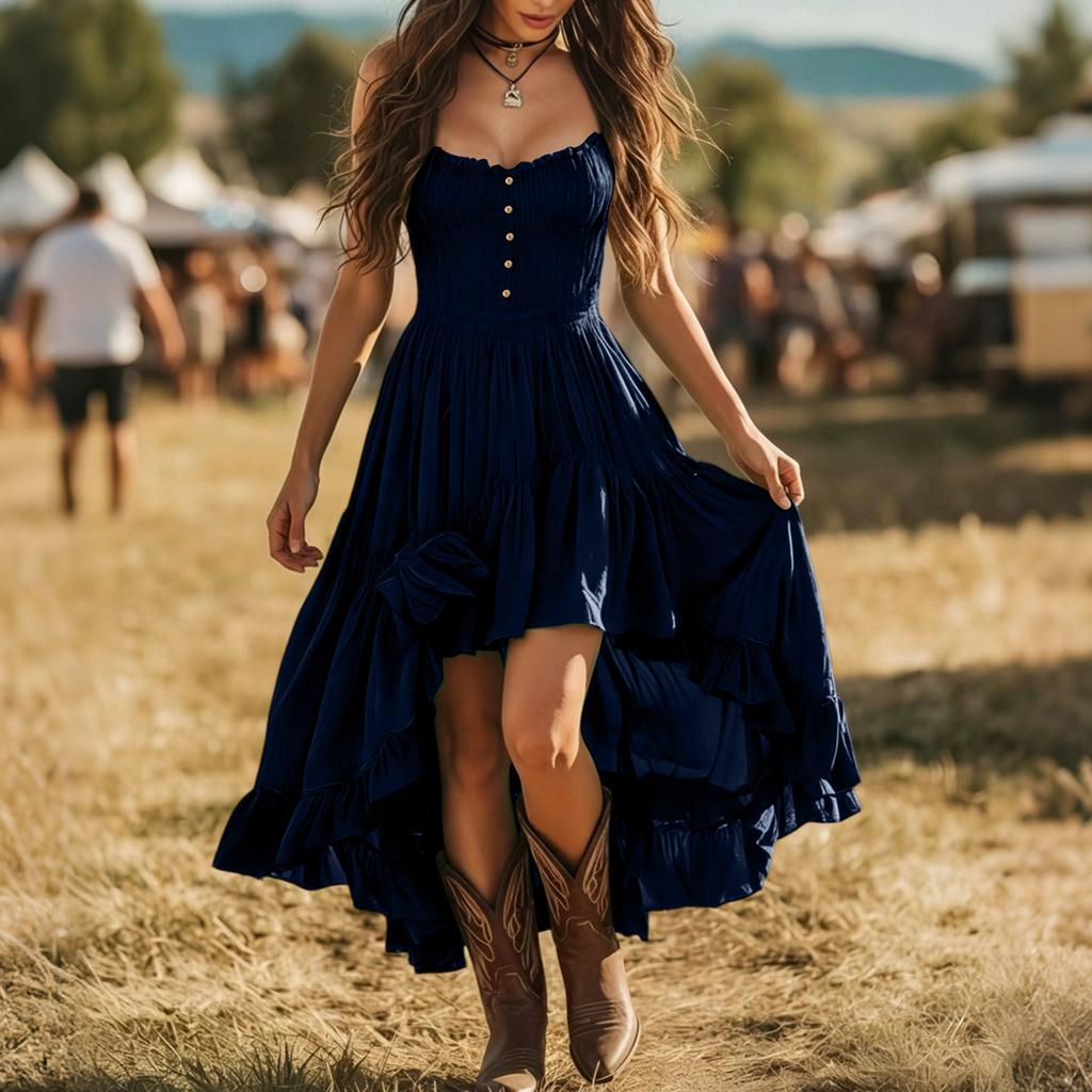 Women's Vintage Elegant Strapless Dress with Smocked Bust , Cinched Waist and Irregular Ruffle Hem