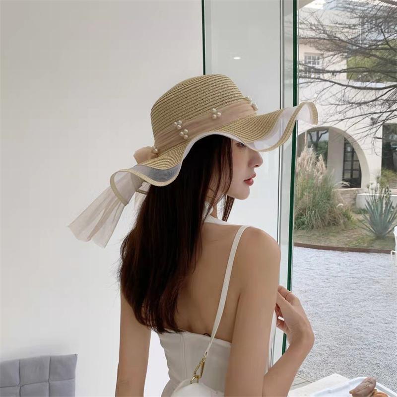 1PC Women Foldable Floppy Straw Hat Pearl Silk Ribbon Wide Brim Sun Hat Beach Cap Summer Sunshade Visors UV Protection Travel Hats Bucket Caps