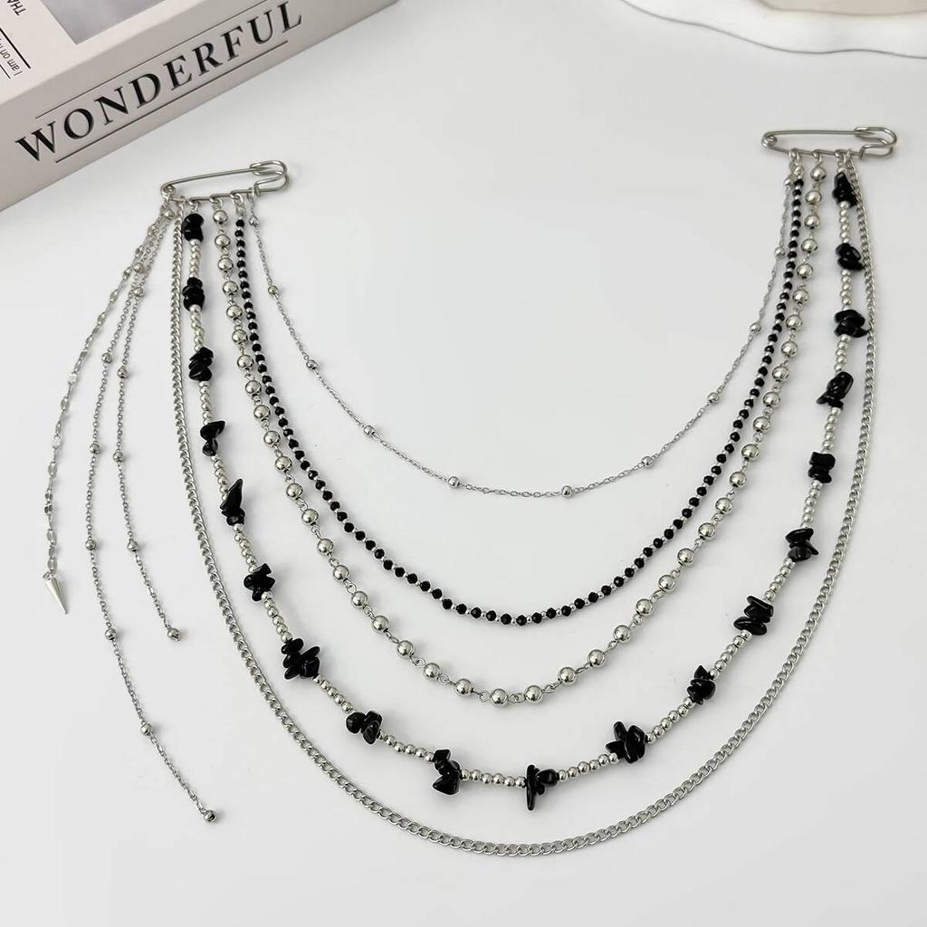 Salircon Creative Unique Black Stone Crystal Beads Long Brooches Women Classic Tassel Chain Shirt Suit Collar Pin Clip Jewelry