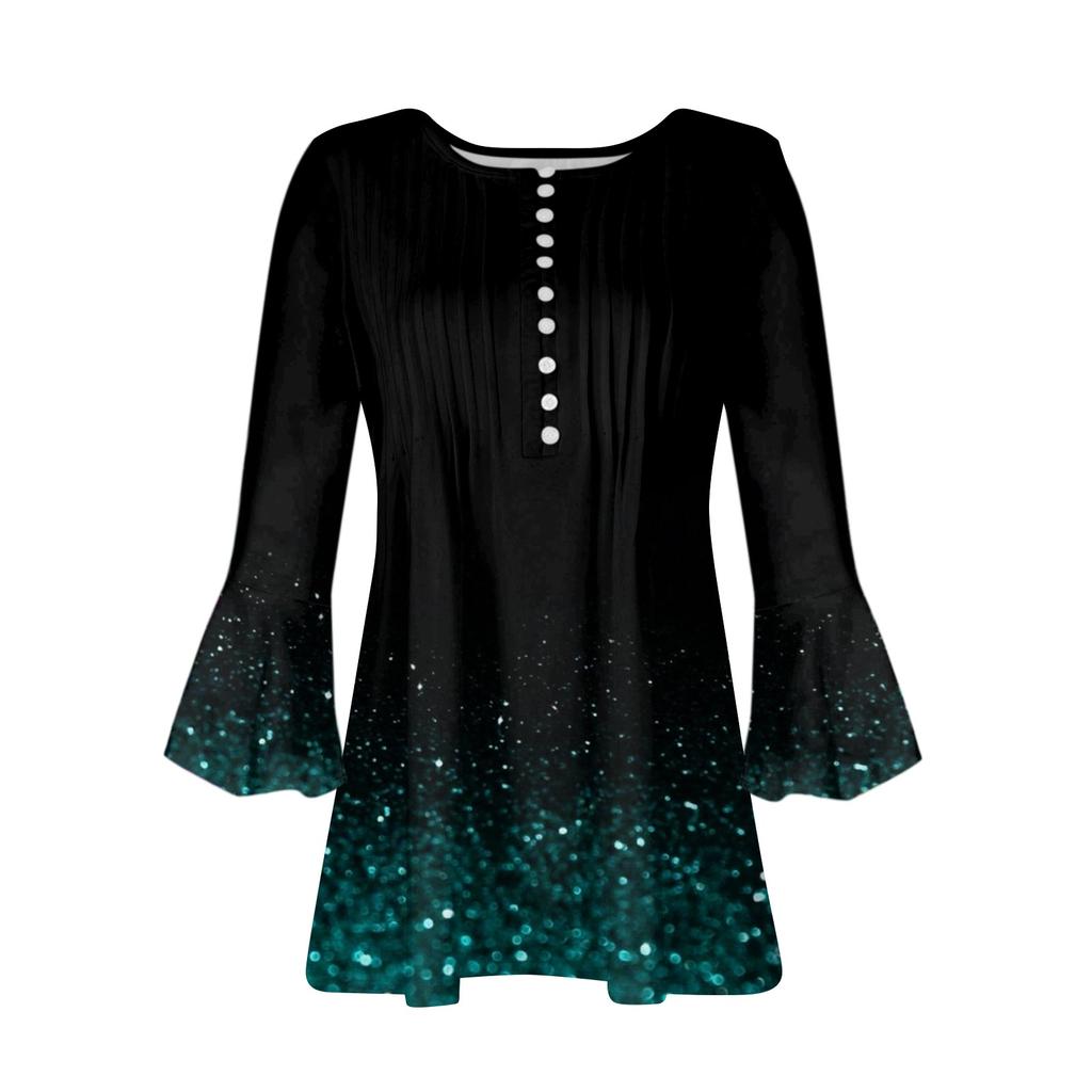 Топ на пуговицах для женщин, топы с цветочным принтом, повседневный топ с рукавом колокольчиком 3/4 и V-образным вырезом