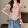 Футболка с коротким рукавом, корейская повседневная модная рубашка с U-образным вырезом, топы, женская однотонная полосатая футболка