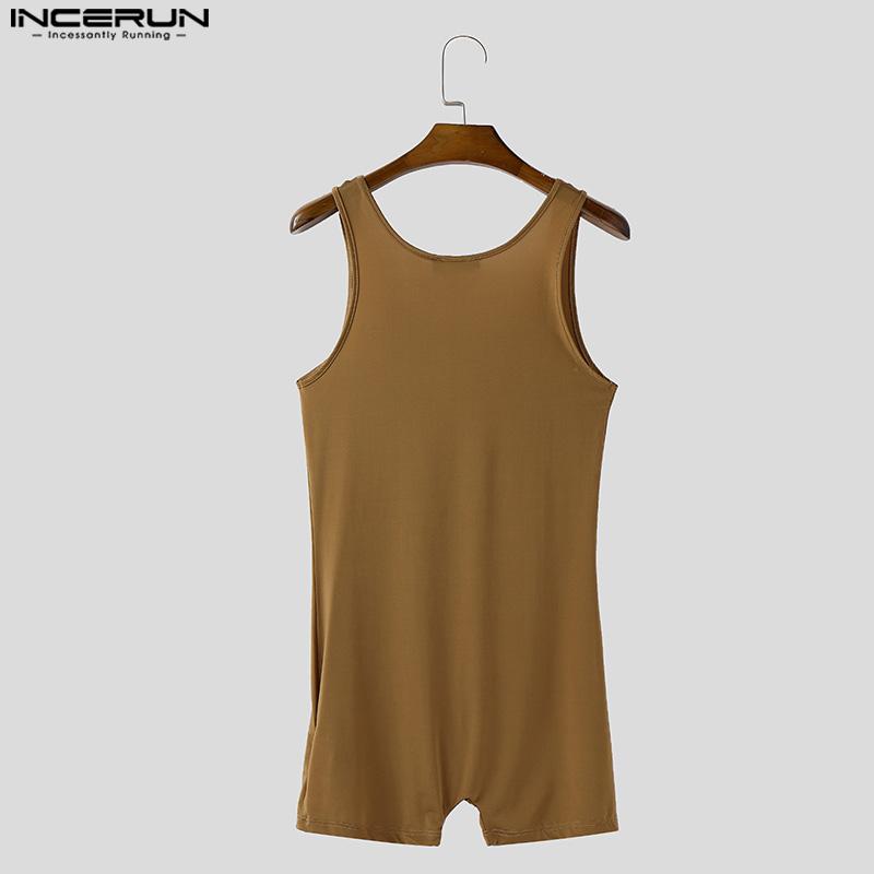 INCERUN Men Sleeveless Solid Color Thin Semi-Sheer Bodysuits Jumpsuits Short Rompers Underwear