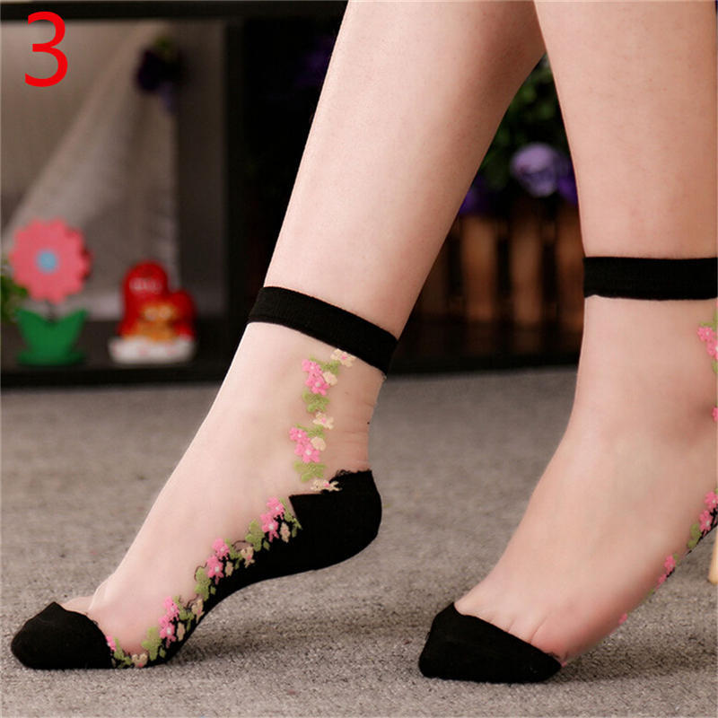 Летние женские кружевные носки с хрустальным стеклом, шелковые короткие тонкие прозрачные носки с цветком