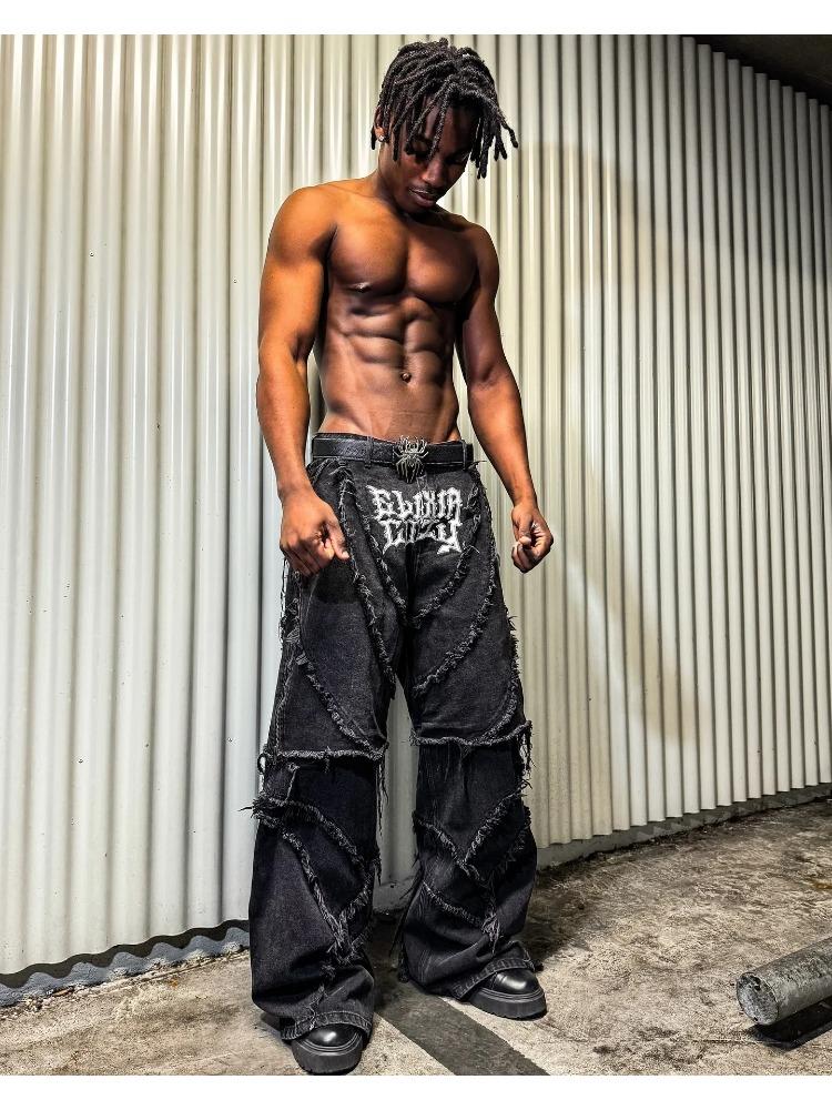 Мода Америка ретро-стрит молния пэчворк мешковатые джинсы мужские Y2k полоса вышивка сращивание черные джинсовые брюки хип-хоп джинсы