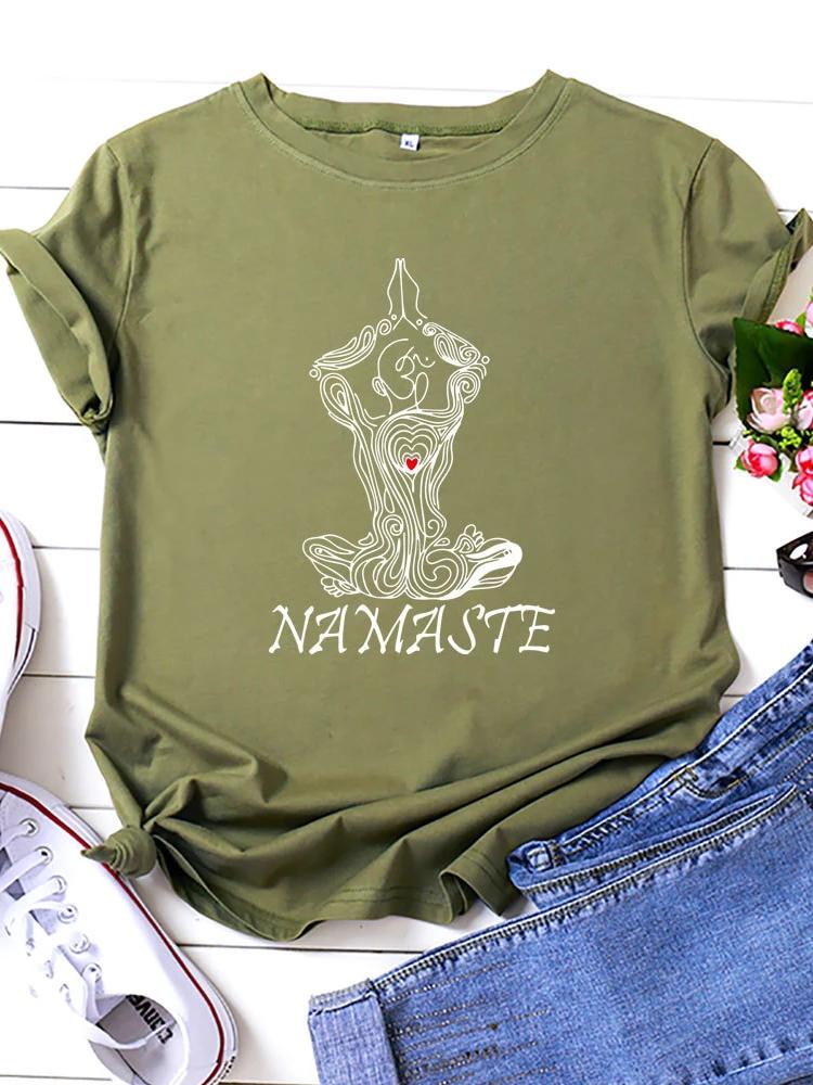 NAMASTE Йога Женская футболка с принтом Женская футболка с коротким рукавом и круглым вырезом Свободная летняя женская футболка Топы Camisetas Mujer