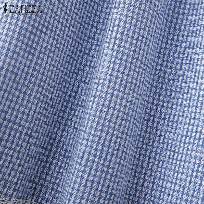 ZANZEA Женская повседневная блузка с круглым вырезом, свободного кроя, с коротким рукавом и принтом в клетку