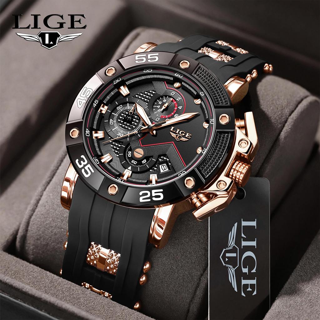LIGE Men Watch Fashionable Sports Waterproof Silicone Strap Men's Quartz Watch