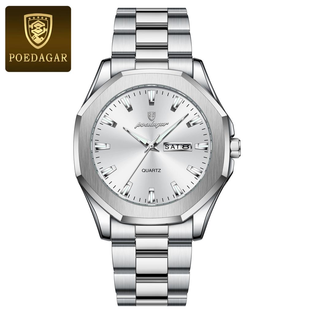 POEDAGAR Luxury Men Wristwatch Waterproof Luminous Week Date Original Man Watch Stainless Steel Sport Quartz Men's Watches