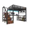 Loft Bed, 140 x 200 cm, Iron Frame, Storage Shelf, Hanging Grid, LED Light, Desk, Staircase, 2 USB Ports, 1 Type-C Socket, Without Mattress, Black