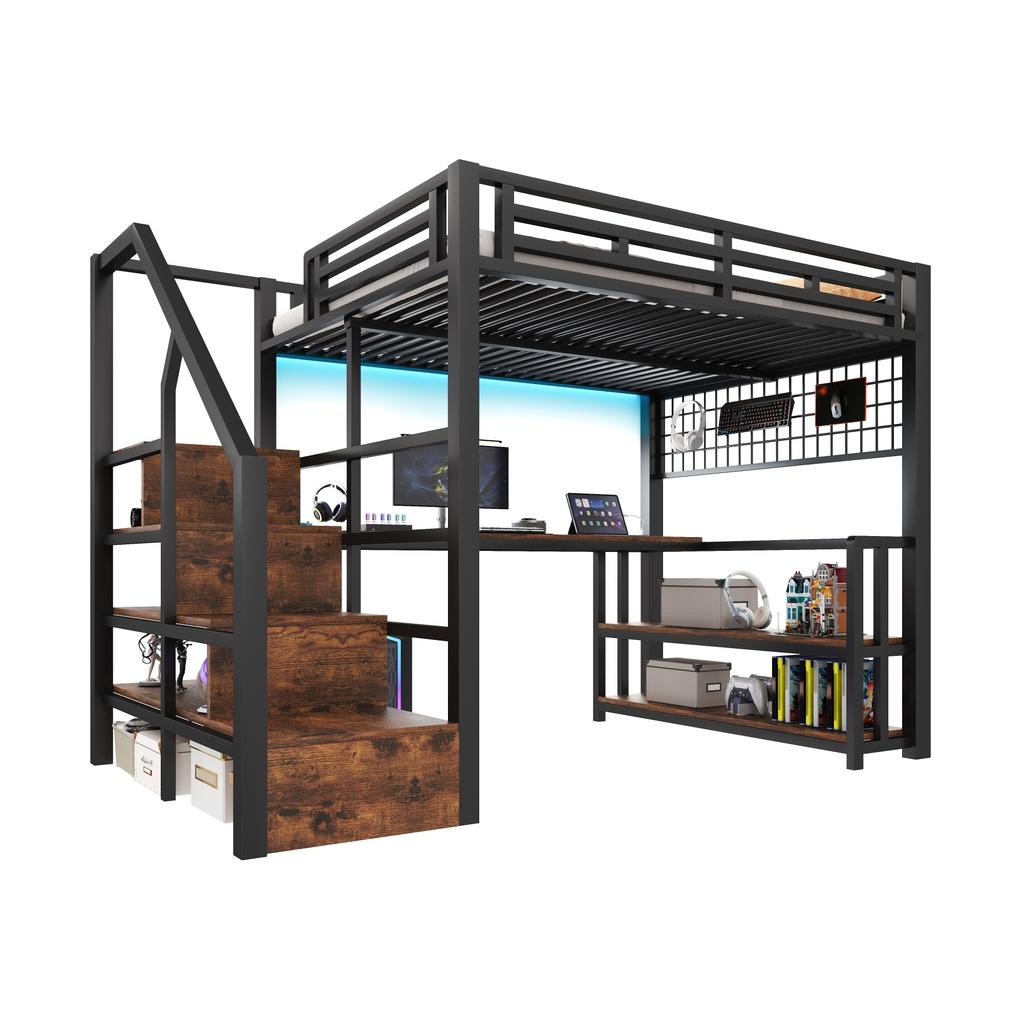 Loft Bed, 140 x 200 cm, Iron Frame, Storage Shelf, Hanging Grid, LED Light, Desk, Staircase, 2 USB Ports, 1 Type-C Socket, Without Mattress, Black