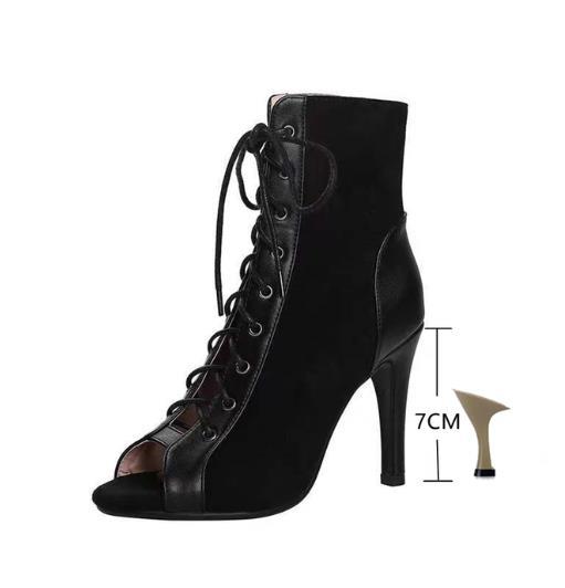 Модные босоножки на каблуках со шнуровкой 9 см женская обувь лето 2024 тренд черные сексуальные ботинки с открытым носком модные тканевые туфли на шпильке джазовые танцевальные женские