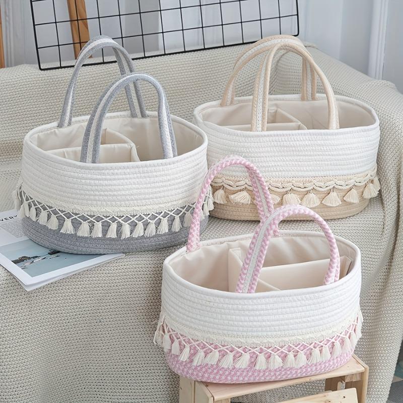 Woven rope multi-grid baby supplies storage basket, large capacity portable household organizer