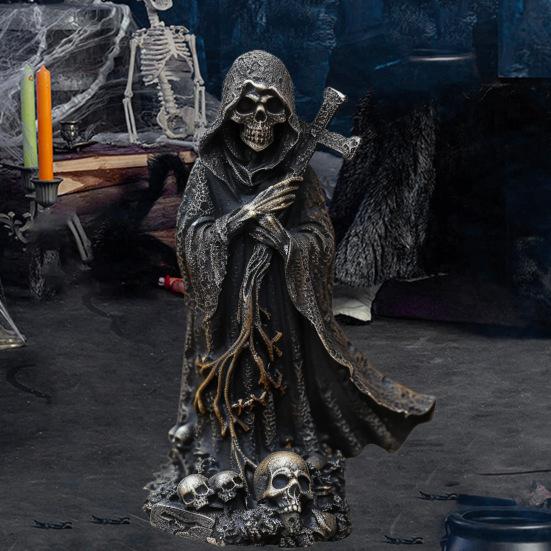 Halloween Black Robe Skeleton Figurine Gothic Cross Skeleton Resin Statue Sculpture Home Office Desktop Bookshelf Decoration Ornament Festival Gift