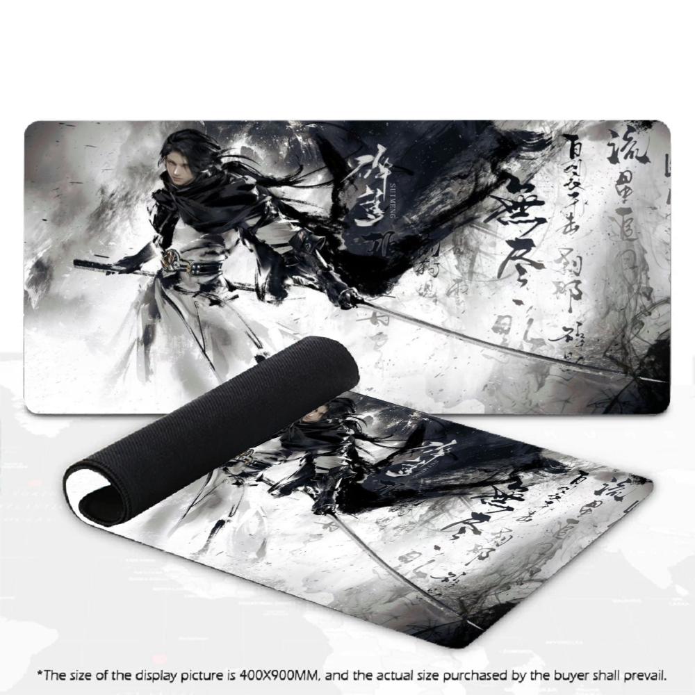 XXL Ink Sword Warrior Deskmat Non-Slip Rubber Gaming Mouse Pad Overlock Keyboard Desktop Pad Chinese Ink Dragon Pattern Gaming