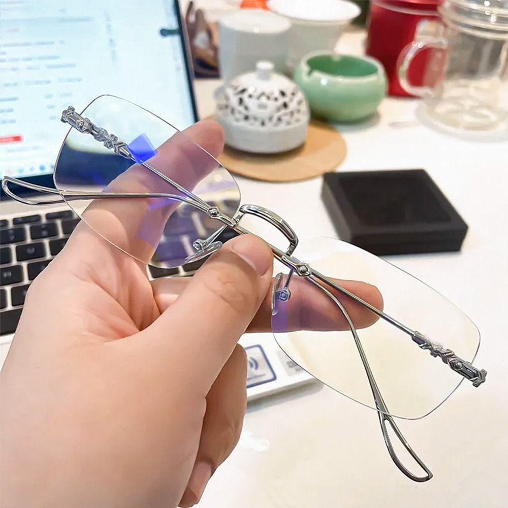 Модные очки для чтения без оправы, мужские роскошные очки для дальнозоркости, очки с защитой от синего света, гибкие безрамочные очки + 4,0