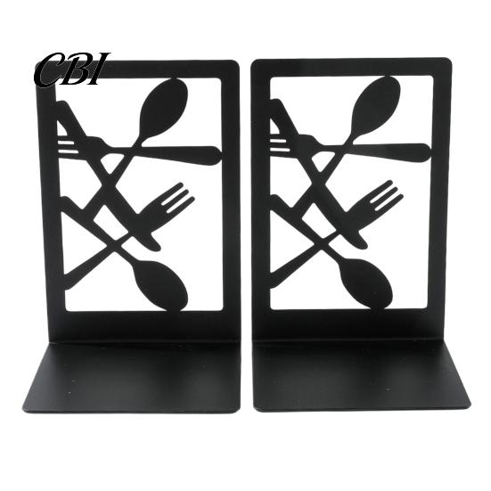High Quality Iron Bookends 1 Pair Kitchen Metal Decorative Bookend for Shelves, Heavy Duty Non-Skid Book Cooking Theme Holder Stand, Black Support