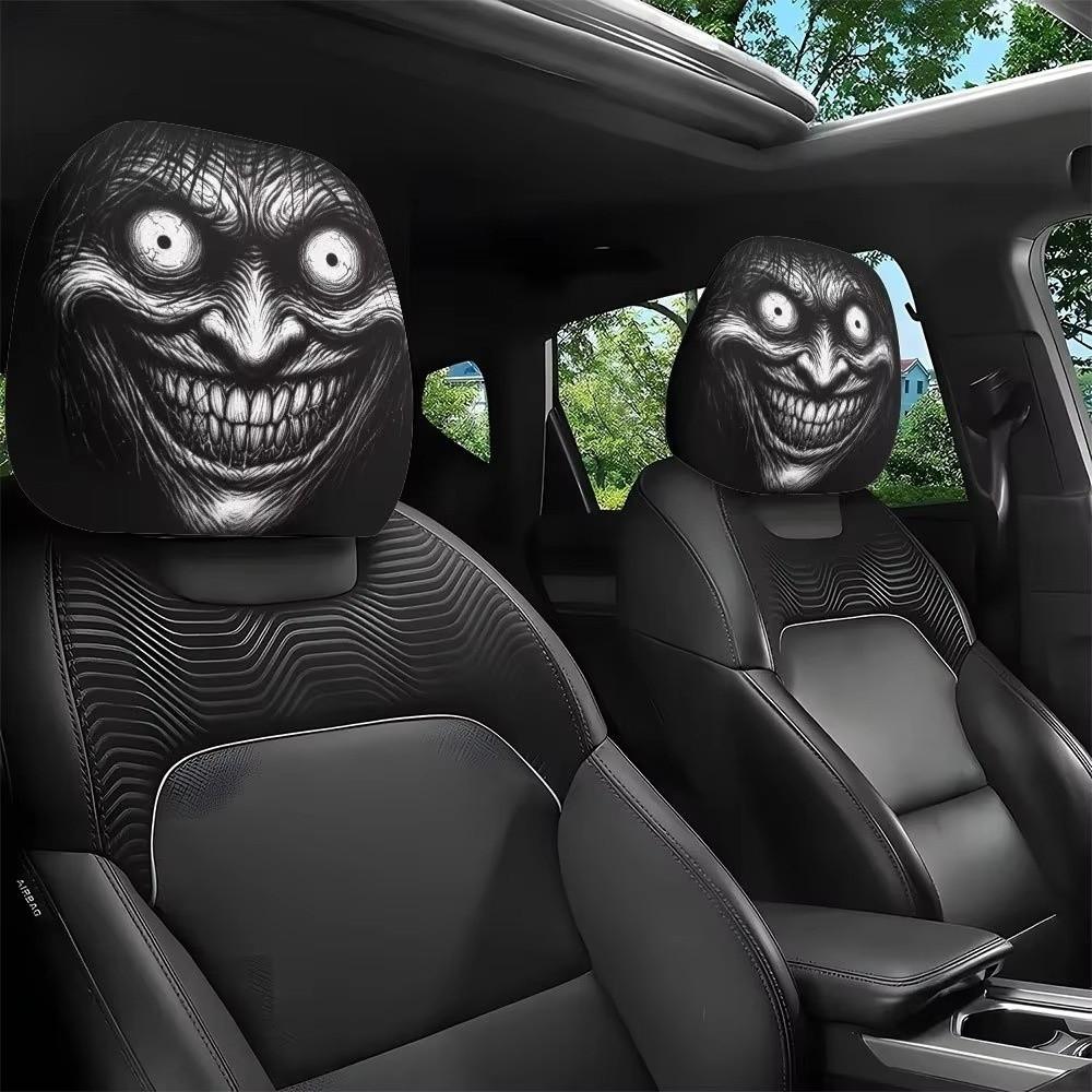 2Pcs Elastic Car Scary Face Headrest Sleeve Breathable Creepy Ghost Car Seat Wrap Halloween