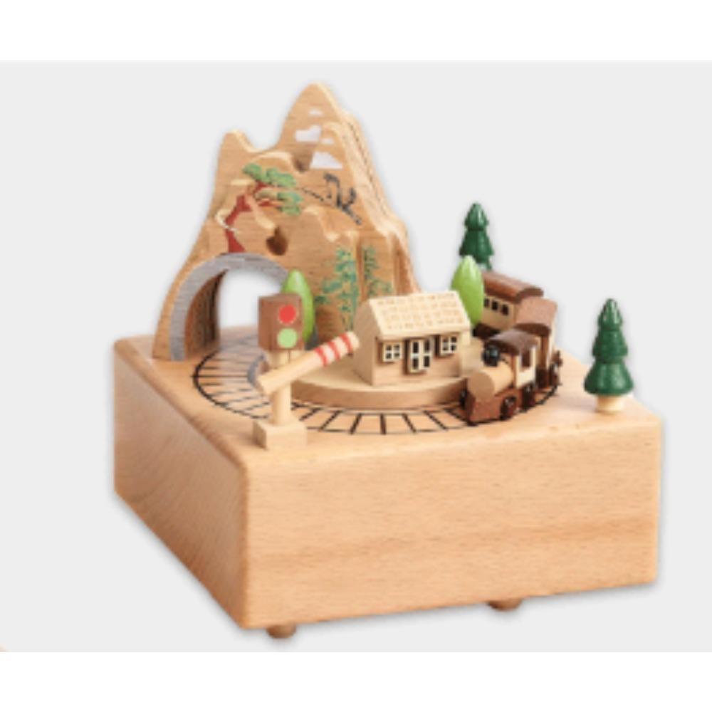 Solid Wood Music Box, Rotatable Train Through Cave, Handmade Beech Wood Musical Box, Home Decor Ornament, Holiday & Birthday Gif