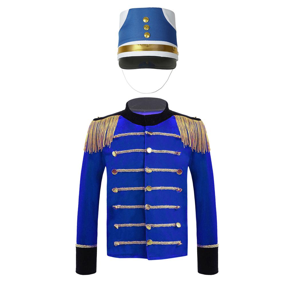 Boys Long Sleeve Tassels Shoulder Gold Braid Adorned Tops Hat Drum Trumpet Team Honor Guard Performance