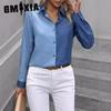 Spring Summer Casual Single Breasted Solid Color Color Matching Long Sleeve Lapel Shirt for Women