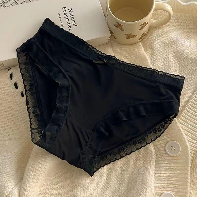 Spring and Summer Solid Color Ice Silk Underwear for Women Mid Waist Quick Drying Lace Underwear