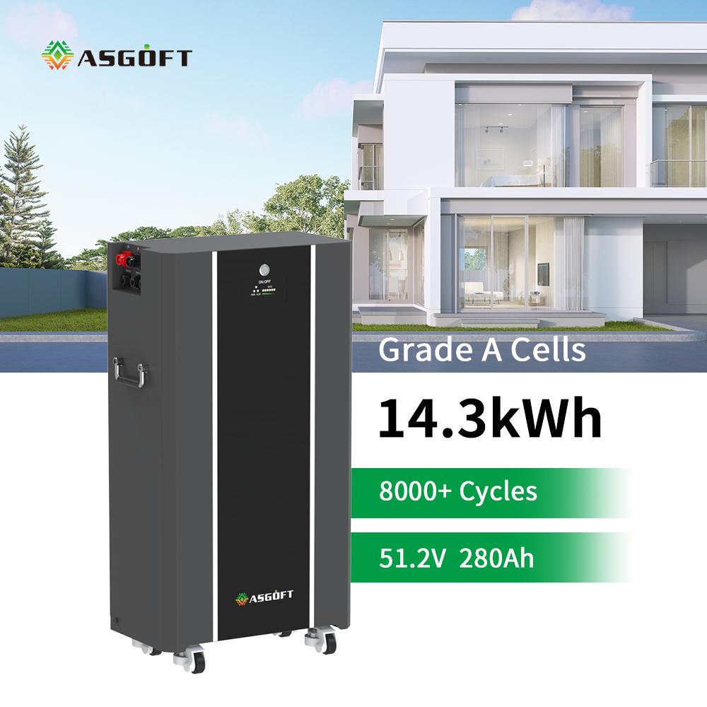 Asgoft 51.2V 280Ah 314Ah LiFePO4 Lithium Battery for Solar System 14.3kWh 15Kwh 16kWh Low Voltage Energy Storage IP65 CAN