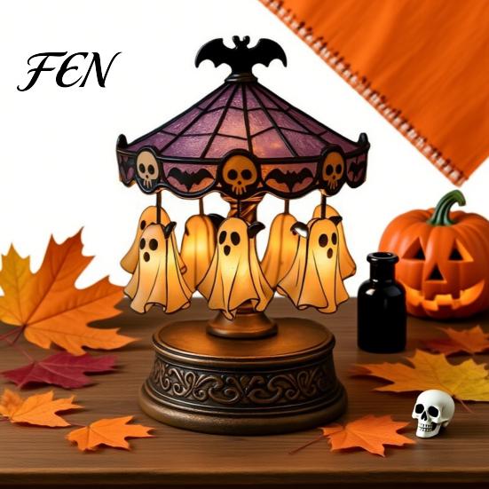 Creepy Halloween Table Light Ghost Carousel Light, Night Gothic Stained Glass Shade Witchy Room Decor with Floating Ghosts/Pumpkins, Spooky