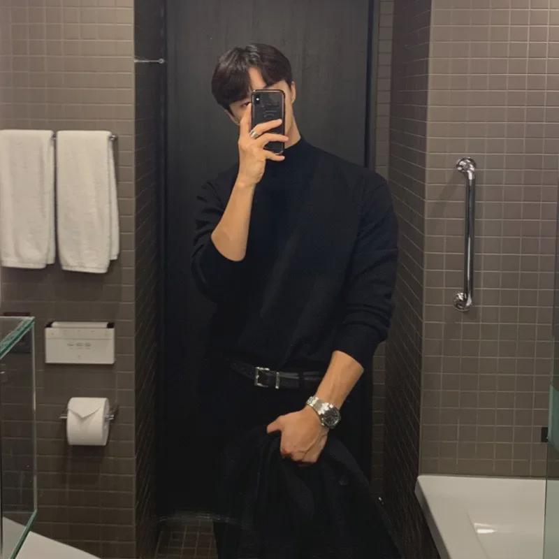 Men's Loose Fit Half Turtleneck Sweater: Korean Style, Solid Color, Knit, Long Sleeve, Autumn/Winter Top.