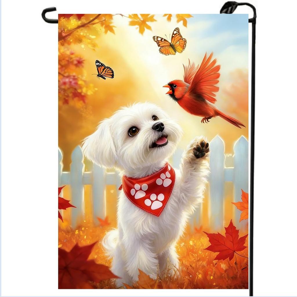 ? Fall Garden ags for Outside 12x18 Double Sided, Small Burlap Holiday Autumn Maltese Dog Cardinal Pumpkin Leaves Garden F PPZ