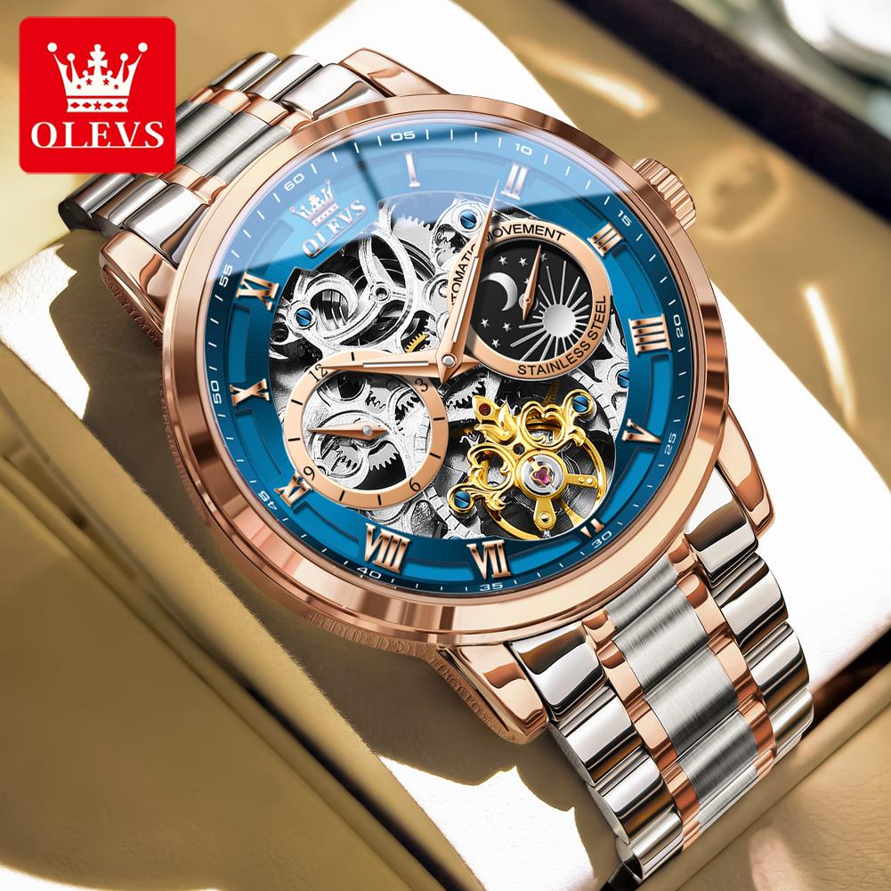 OLEVS Automatic Watches for Man Hollow Multifunctional Mechanical Men's Watches Skeleton Flywheel Original Luxury Man Watch 6670