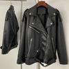 OFTBUY Women Vintage Loose Pu Faux Leather Short Jacket with Belt Motorcycle Jacket Female Zipper Retro Moto Biker Coat Outwear Tops