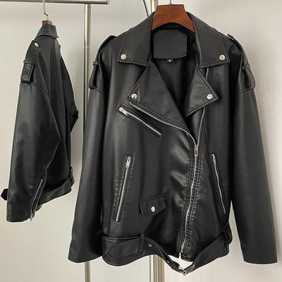 OFTBUY Женская винтажная свободная короткая куртка из искусственной кожи с поясом, мотоциклетная куртка, женская молния, ретро-байкерское пальто, верхняя одежда, топы
