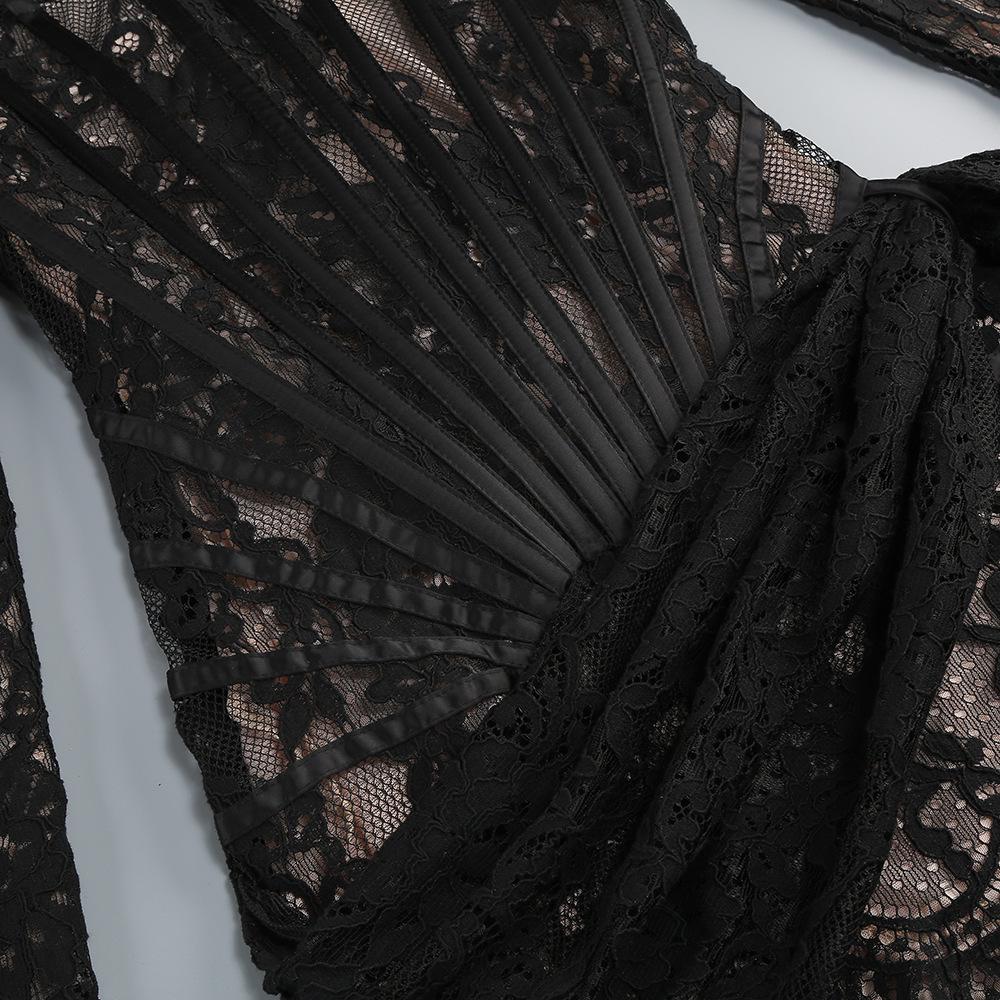 Европейское и американское сексуальное кружевное платье-сетка с корсетом на косточках – с длинными рукавами, осенне-зимняя короткая юбка
