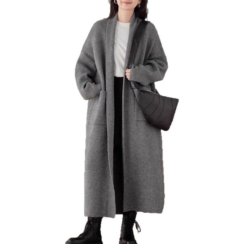 Осень и зима новый однотонный повседневный простой вязаный кардиган женский свободный ленивый стиль длинный свитер куртка