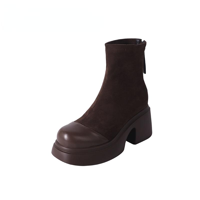 FOREADA Женские ботильоны с круглым носком, на платформе, на толстом высоком каблуке, на молнии, короткие ботинки, лаконичная женская модная обувь, зимние, черные, коричневые, 43