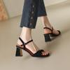 New Women's One-word Sandals Square Head Fashion Leather Summer Medium Heel Solid Color Sandals Beef Tendon Soft Sole Large Size Thick Heel