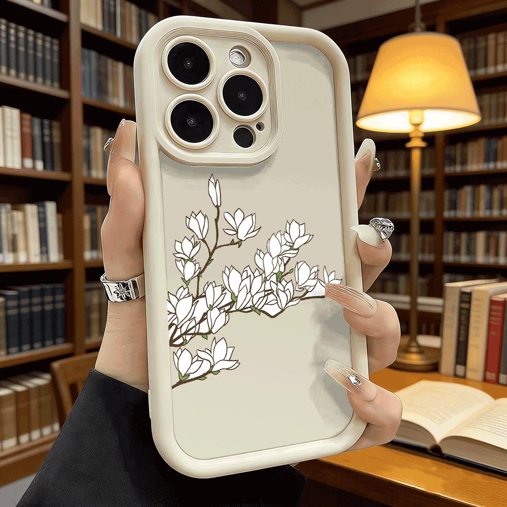 Чехол из мягкого ТПУ с линейным рисунком цветущей магнолии для iPhone 17 16 15 14 13 12 11 Pro Max Plus Ударопрочный противоскользящий чехол