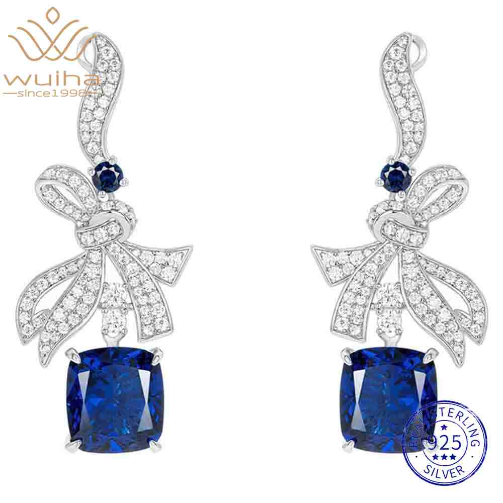 WUIHA Vintage 100% 925 Sterling Silver Cushion Cut Lab Sapphire High Carbon Diamonds Wedding Engagement Drop Dangle Earrings