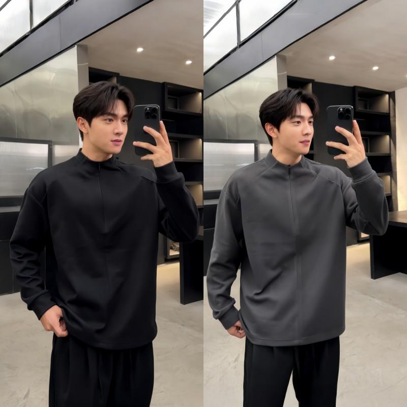 Mens Solid Color Stand Collar Sweatshirt Casual Loose Fit Long Sleeve Top Winter